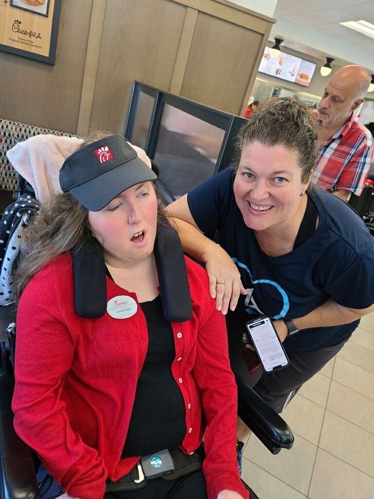 Anna Kate at Chick-Fil-A, with BridgingApps Digital Learning Specialist Tara Rocha.
