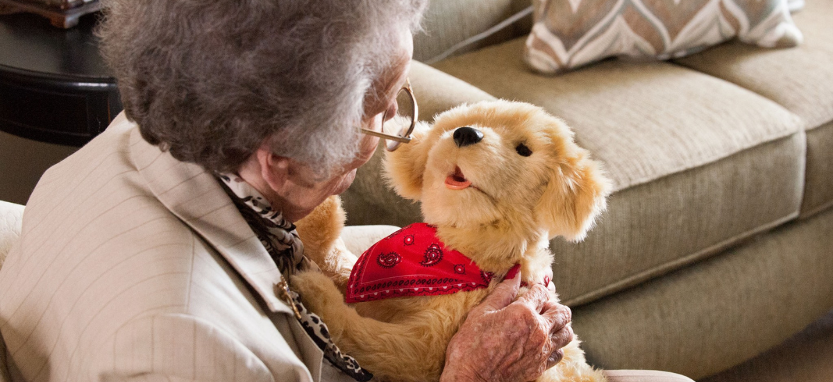 older adult lady holding interactive pup
