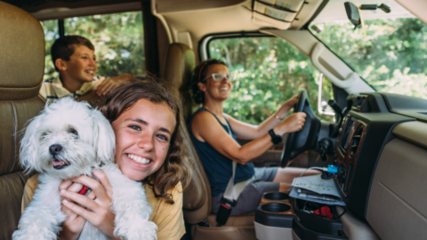 family in van on road trip