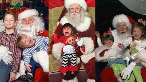 Collage of three Santas with mostly wailing children on their laps.