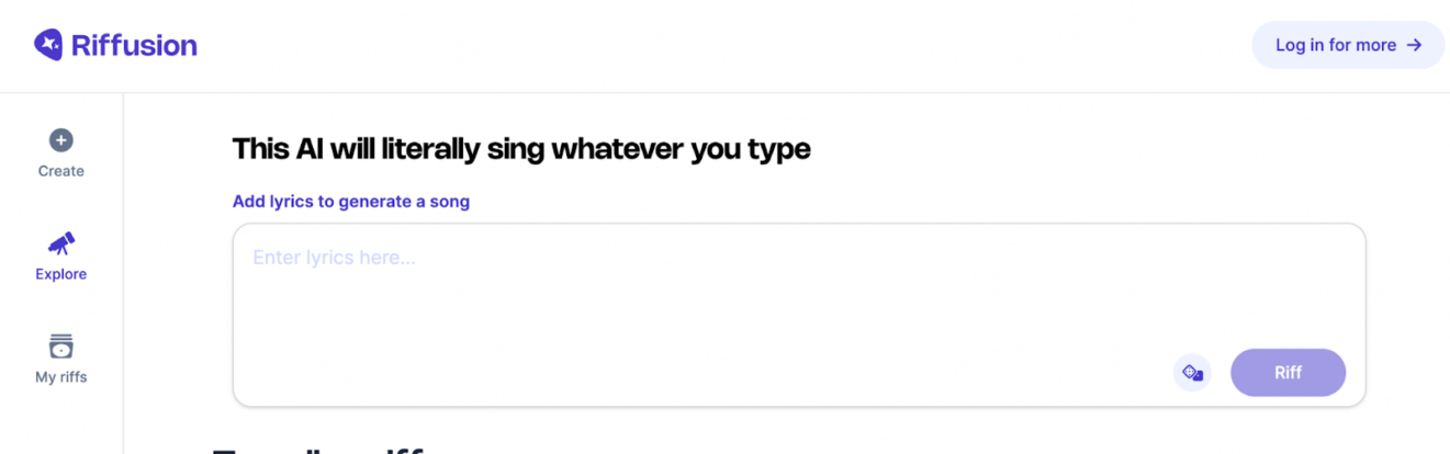 Riffusion screen, with the header, "This AI will literally sing whatever you type. Add lyrics to generate a song."
Below that text is a data-field box to "Enter lyrics here," with a blue-oval "Riff" button.
