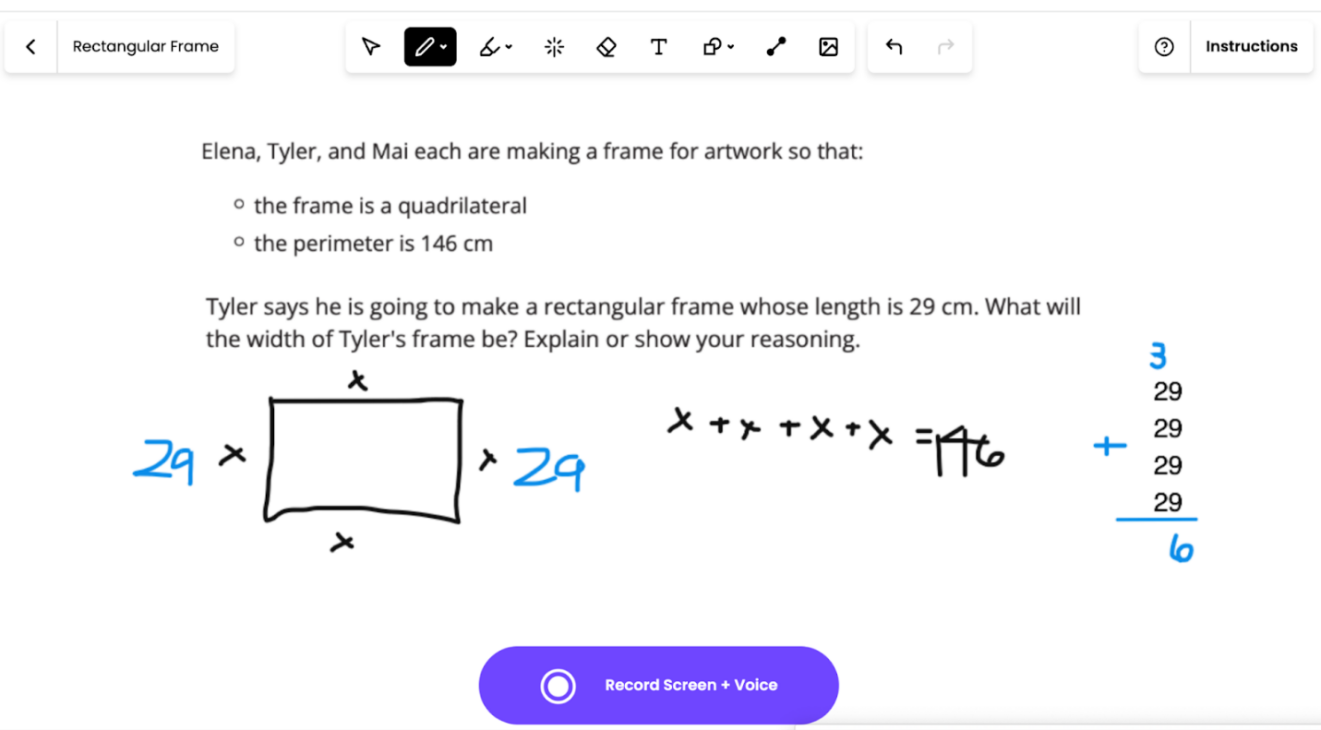 Snorkel displays steps to calculate the area of a rectangle.