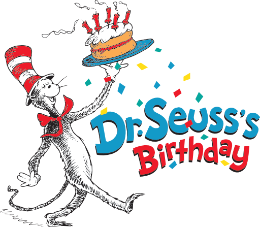 Cat in the Hat holding a cake celebrating Dr. Seuss' birthday graphic