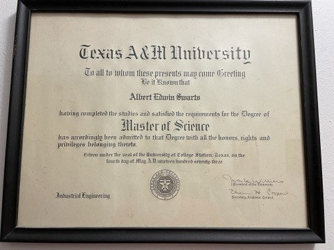 Dad's framed MS degree in Industrial Engineering from Texas A&M University, 1973.