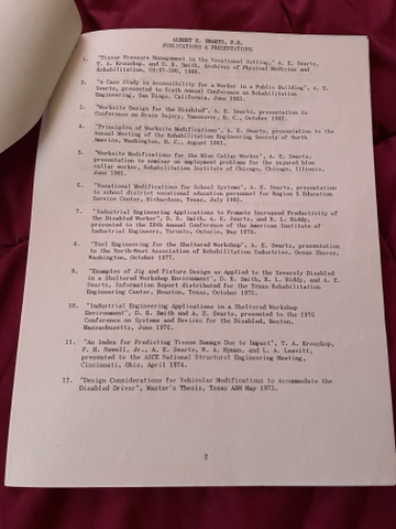 Bibliographic list (home-computer-printed) showing 12 of Dad's publishing and public-speaking credits from the 1970s and 1980s. Topics include "Principles of Worksite Modifications" and "Design Considerations for Vehicular Modifications to Accommodate the Disabled Driver."