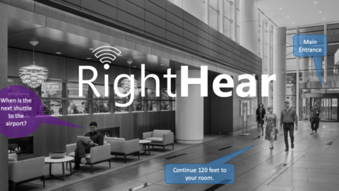 Black and white photo of a modern lobby area with the RightHear logo in the center. There are people walking and sitting on chairs. Text bubbles point out various locations: one bubble points to the 'Main Entrance,' another bubble directs to 'Continue 120 feet to your room,' and a third bubble asks 'When is the next shuttle to the airport?' indicating a seated person using a device.