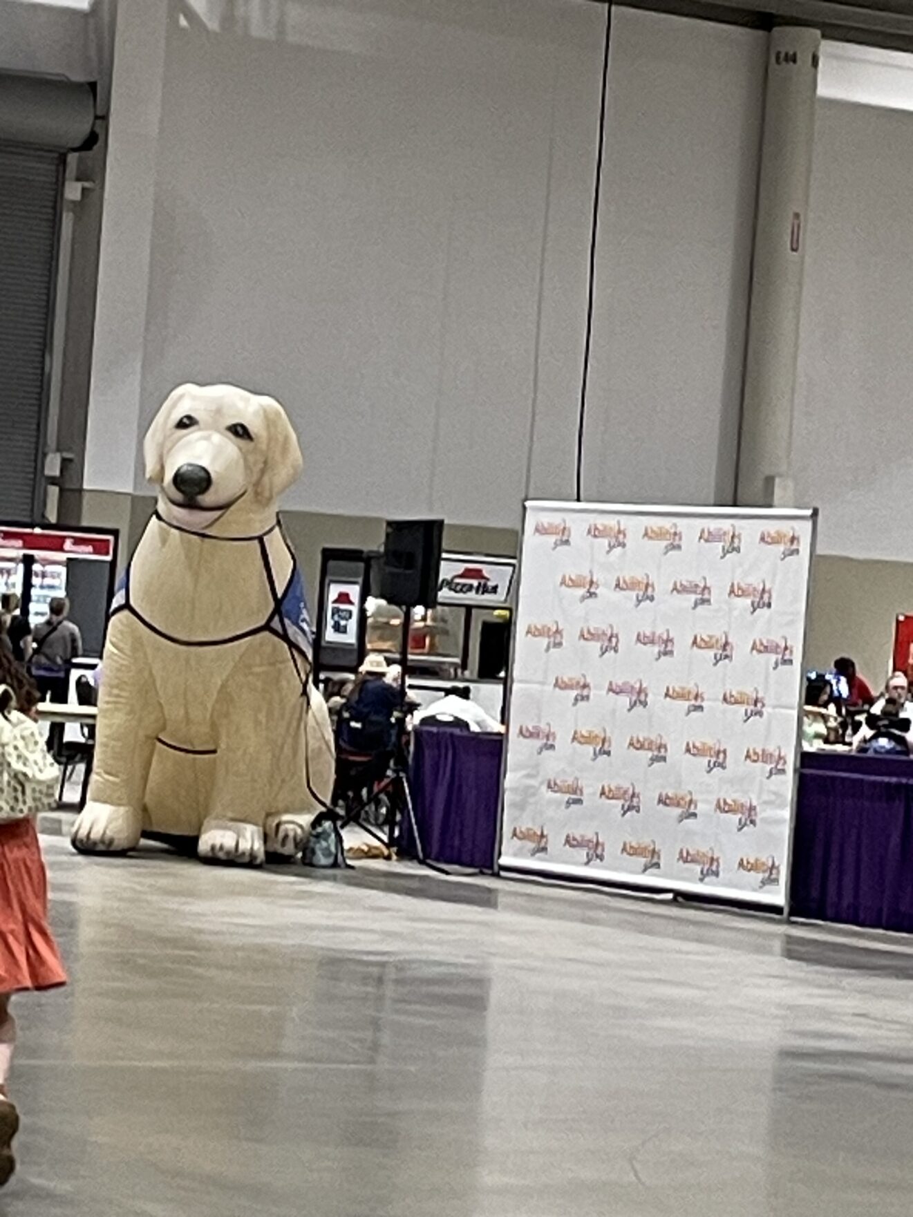 Giant "service dog" model from Canine Companions, front view. Dog is white and floppy-eared with a blue "Canine Companions" vest.
