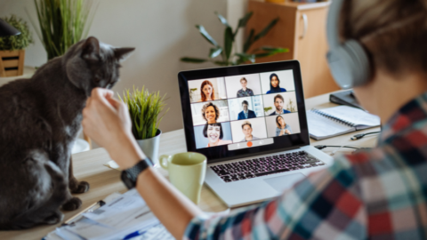 woman on video conference at desk with cat sitting next to her
